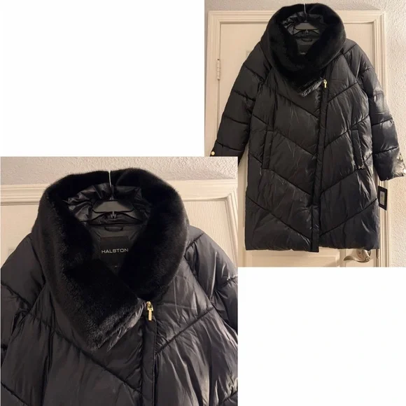 NWT‎ H by HALSTON Black Quilted Puffer Coat Asymmetric Oversized Faux Fur Collar - Picture 8 of 17